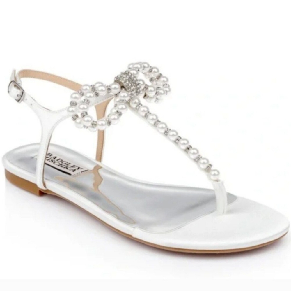 Badgley Mischka Fayth Flat Sandals Soft White Satin Pearl Bow